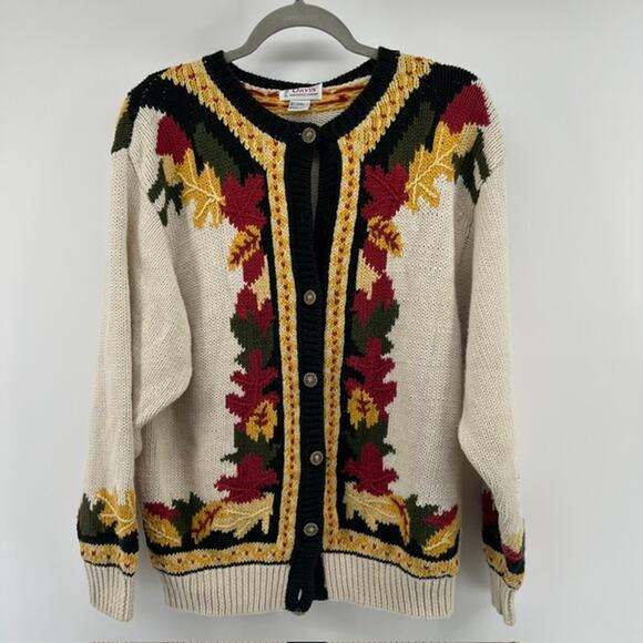 Orvis Sweaters - VTG 90s Orvis Fall Leaves Embroidered Cardigan Sweater Womens L USA Cottage READ